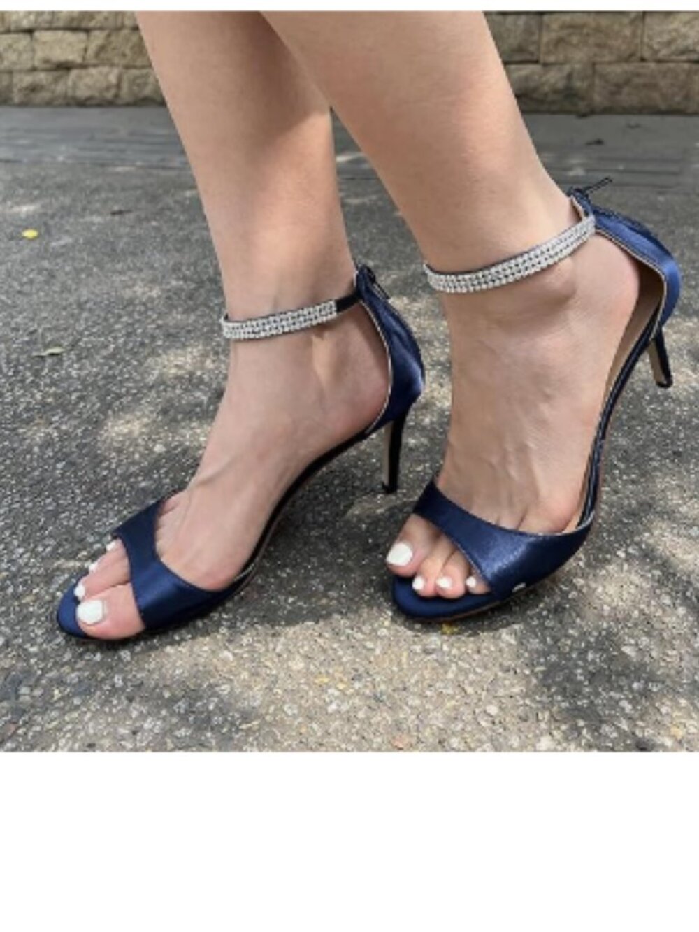 XYD Navy Open Toe Rhinestones Ankle Strap Sandals Mid Heel Bridal Evening Shoes